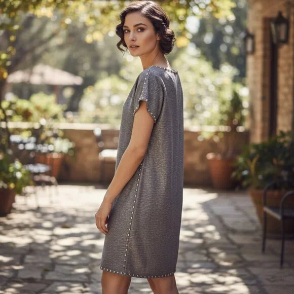 VINTAGE 80's SMITH & SMITH NYC Studded Shift Dress Small Mini Textured Crinkled - Picture 1 of 16